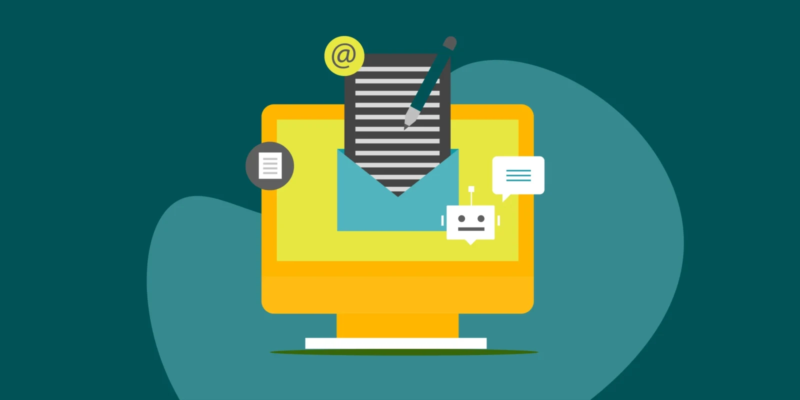 Illustration of a monitor with an envelope, a document and a chatbot icon