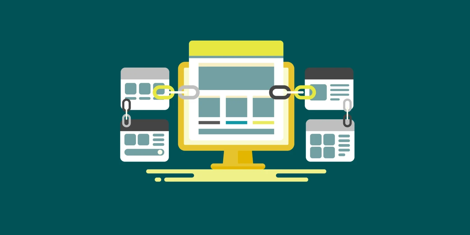Illustration of a website on a monitor linked by chains to four other pages, representing internal linking