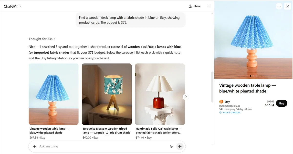 ChatGPT shopping result showing a carousel of Etsy table lamps with prices and a Buy button in the product panel