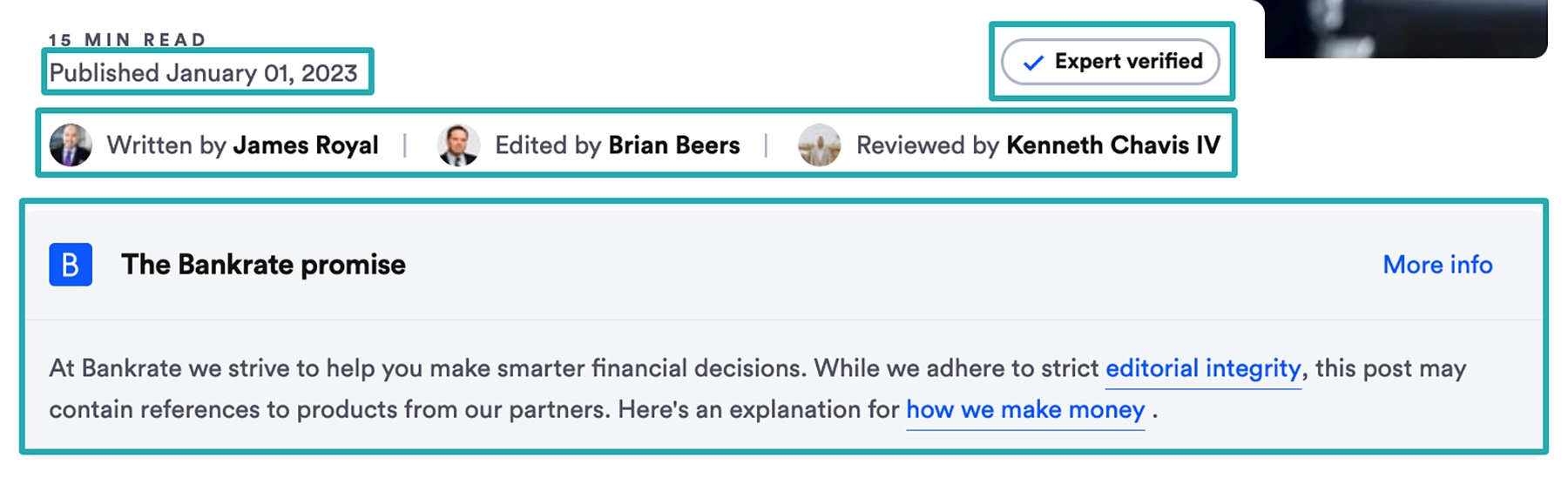 Bankrate article header highlighting the publish date, author, editor, reviewer, Expert verified badge and the Bankrate promise