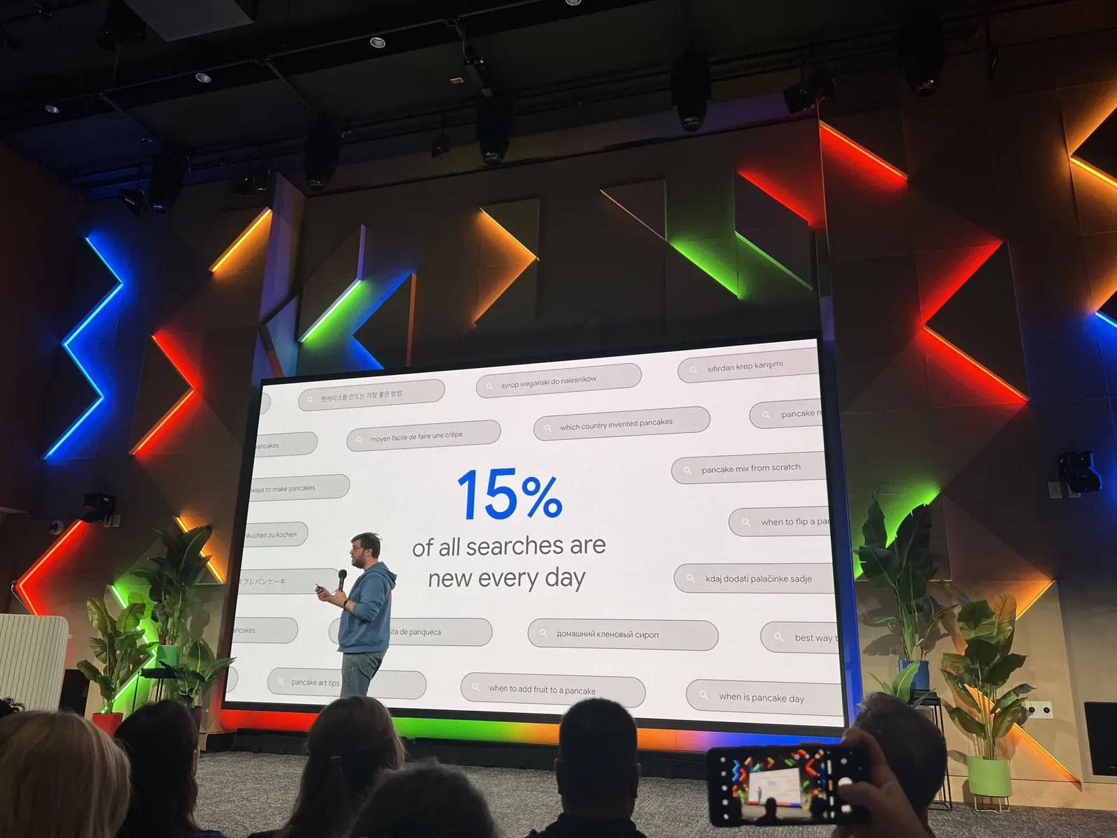 Speaker on stage at Google Search Central Live in front of a slide reading 15% of all searches are new every day