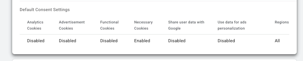 Default consent settings table in Google Tag Manager with analytics, advertisement and functional cookies disabled and necessary cookies enabled