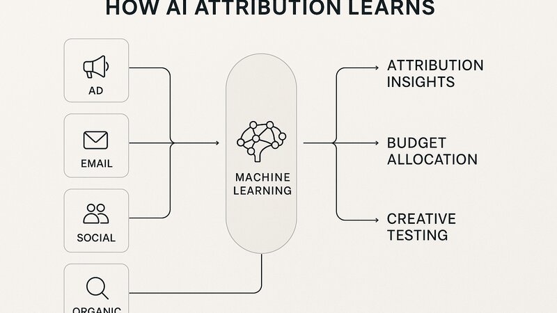 Diagram: ad, email, social and organic data feed machine learning, giving attribution insights, budget and creative testing