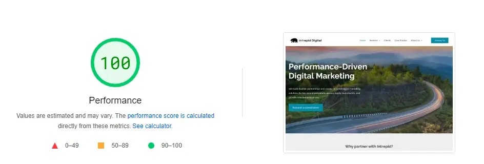 PageSpeed Insights performance score of 100 next to a screenshot of the Intrepid Digital homepage