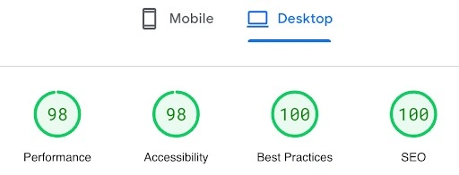 PageSpeed Insights desktop scores: Performance 98, Accessibility 98, Best Practices 100, SEO 100