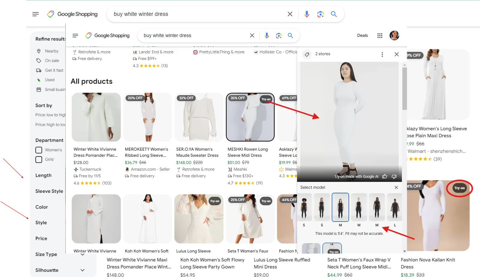Google Shopping try-on feature showing a white dress on an AI-generated model with a model body type selector