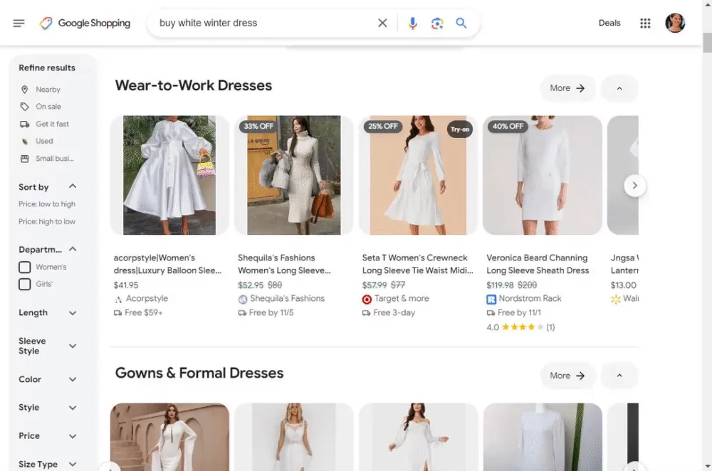 Animated Google Shopping results for the query buy white winter dress, showing product cards with prices and discounts
