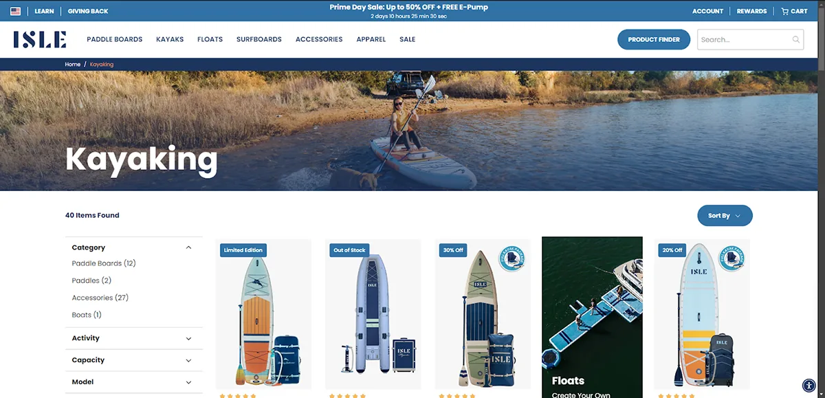 ISLE Surf and SUP kayaking collection page showing 40 items found and product cards