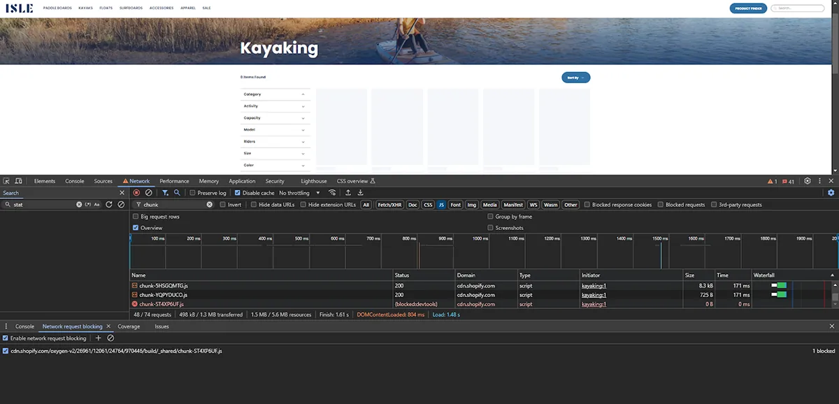 The same ISLE kayaking page showing 0 items found after one chunked JavaScript file is blocked in DevTools
