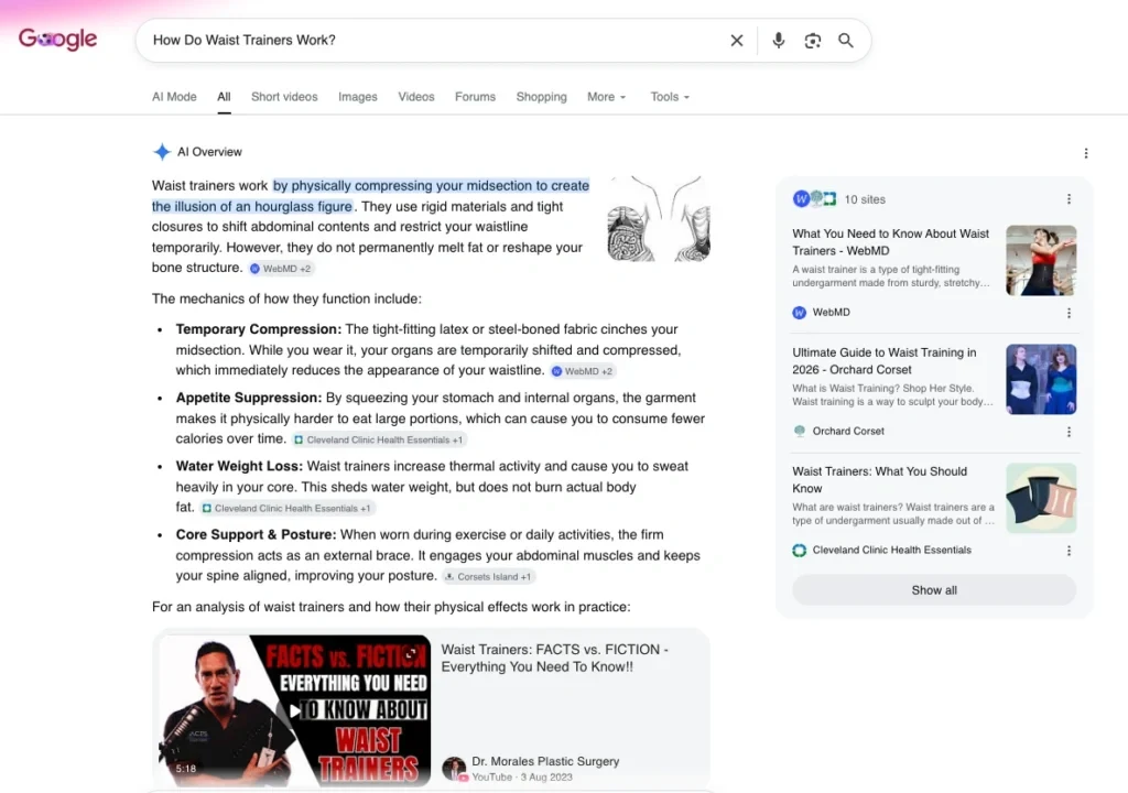 Google search results for 'how do waist trainers work' before setting a preferred source