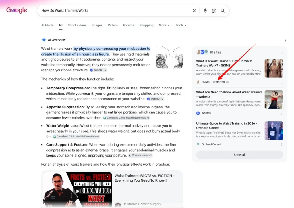 Google search results for the same query after adding SKIMS.com as a preferred source