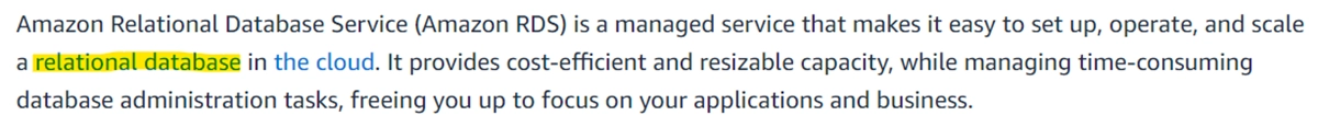 Amazon RDS description with the brand plus keyword anchor text relational database in the cloud highlighted