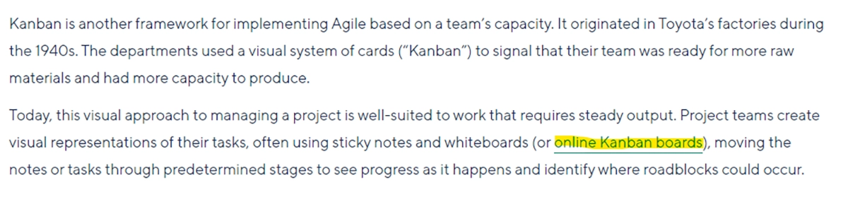 Paragraph about Kanban with the exact match anchor text online Kanban boards highlighted