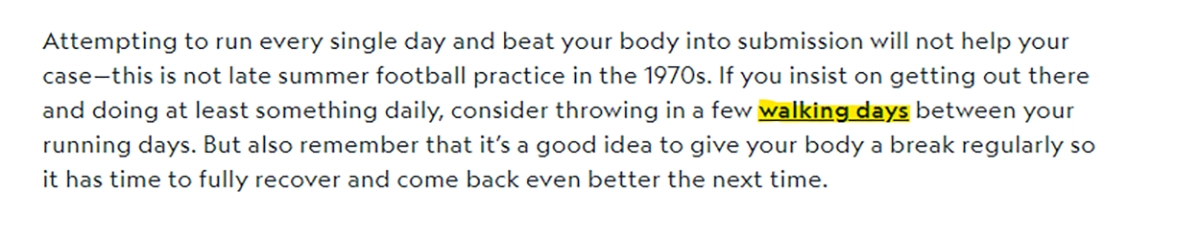 Paragraph about running with the related anchor text walking days highlighted