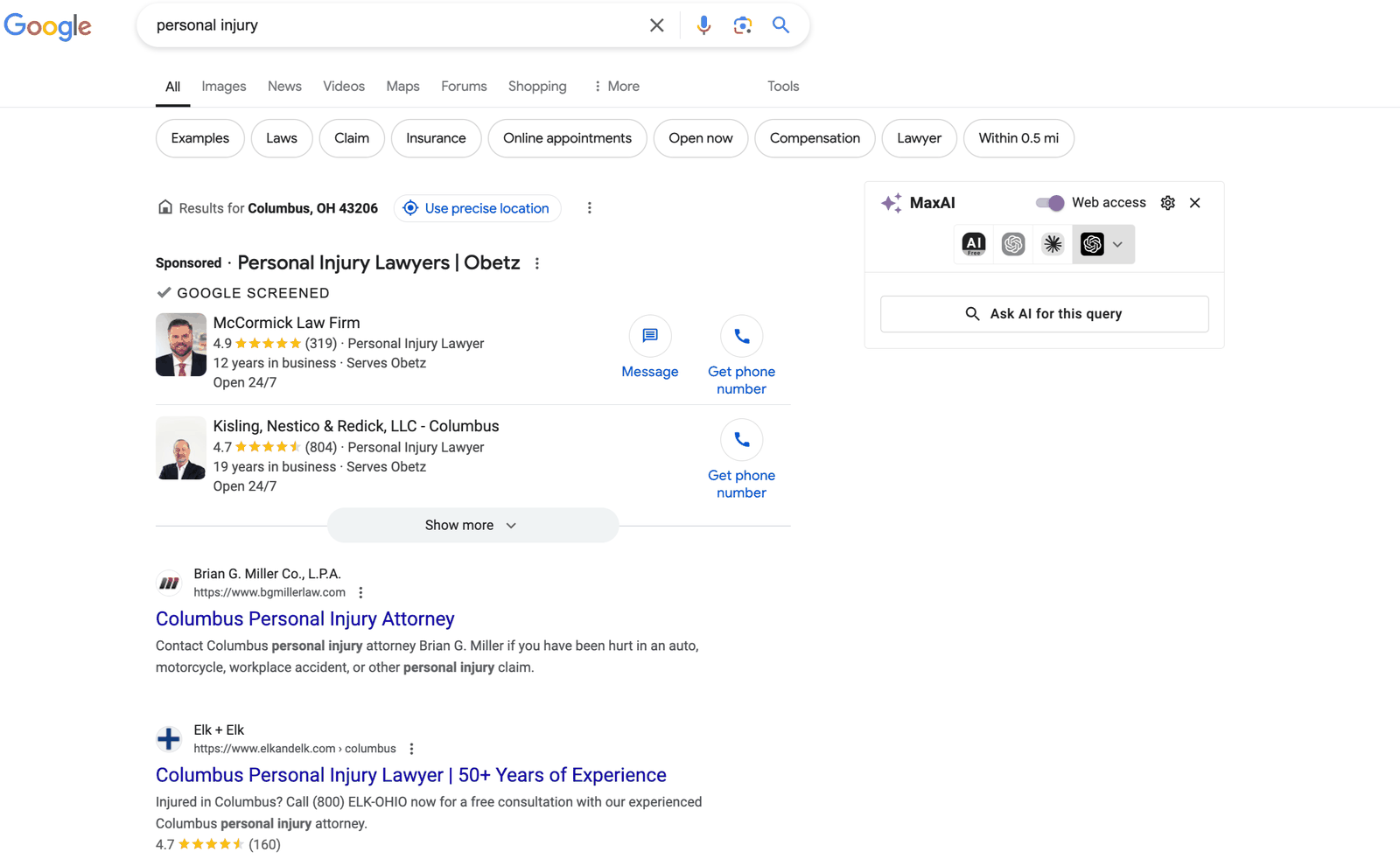 Google search results for personal injury showing Sponsored Google Screened Local Services Ads above the organic results