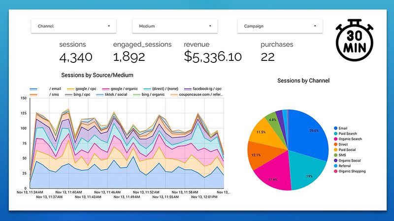 Campaign dashboard with session, revenue and purchase totals, a sessions-by-source/medium area chart and a channel pie chart
