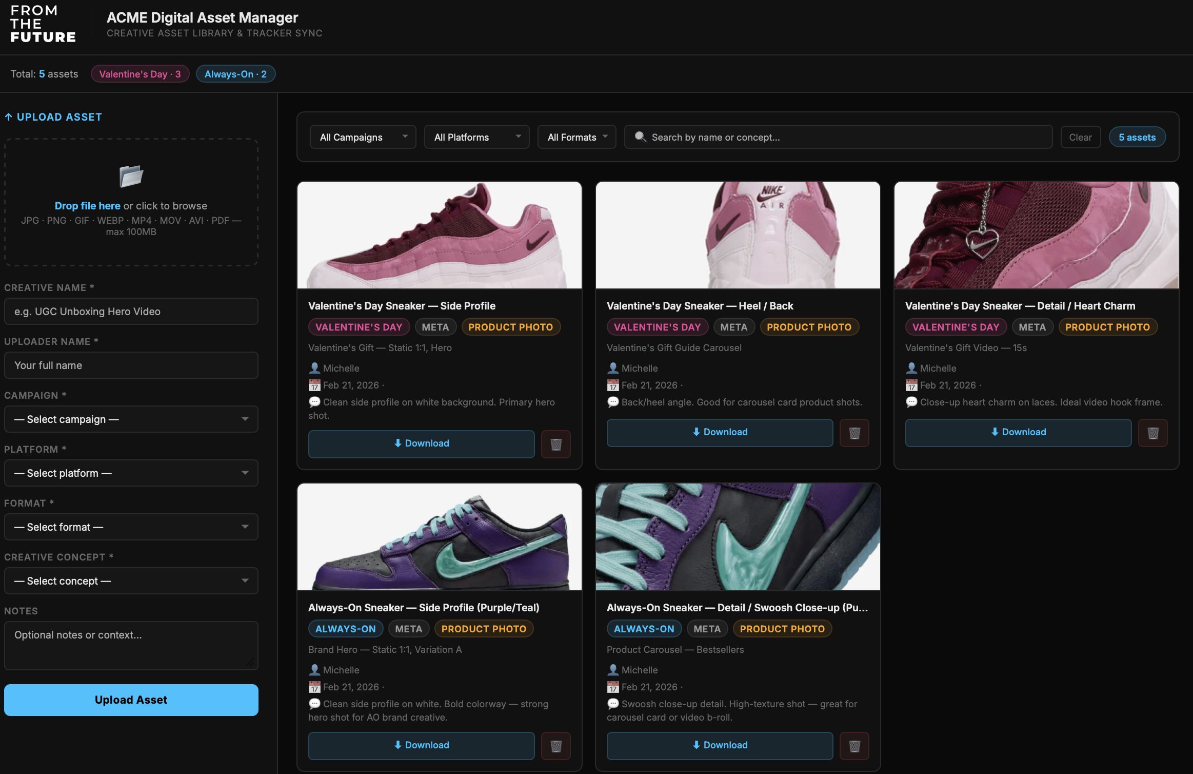 Digital asset manager demo screenshot: an upload form beside five sneaker product-photo cards tagged by campaign and format