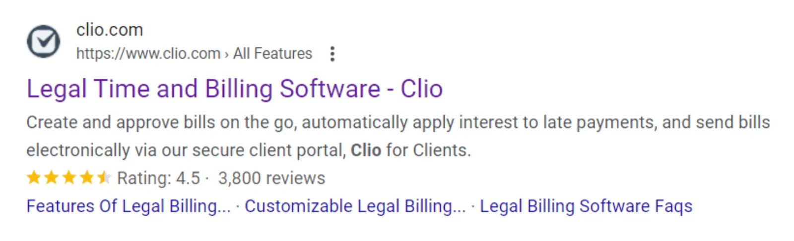 Google search result for Clio legal time and billing software showing a 4.5 star rating from 3,800 reviews and sitelinks
