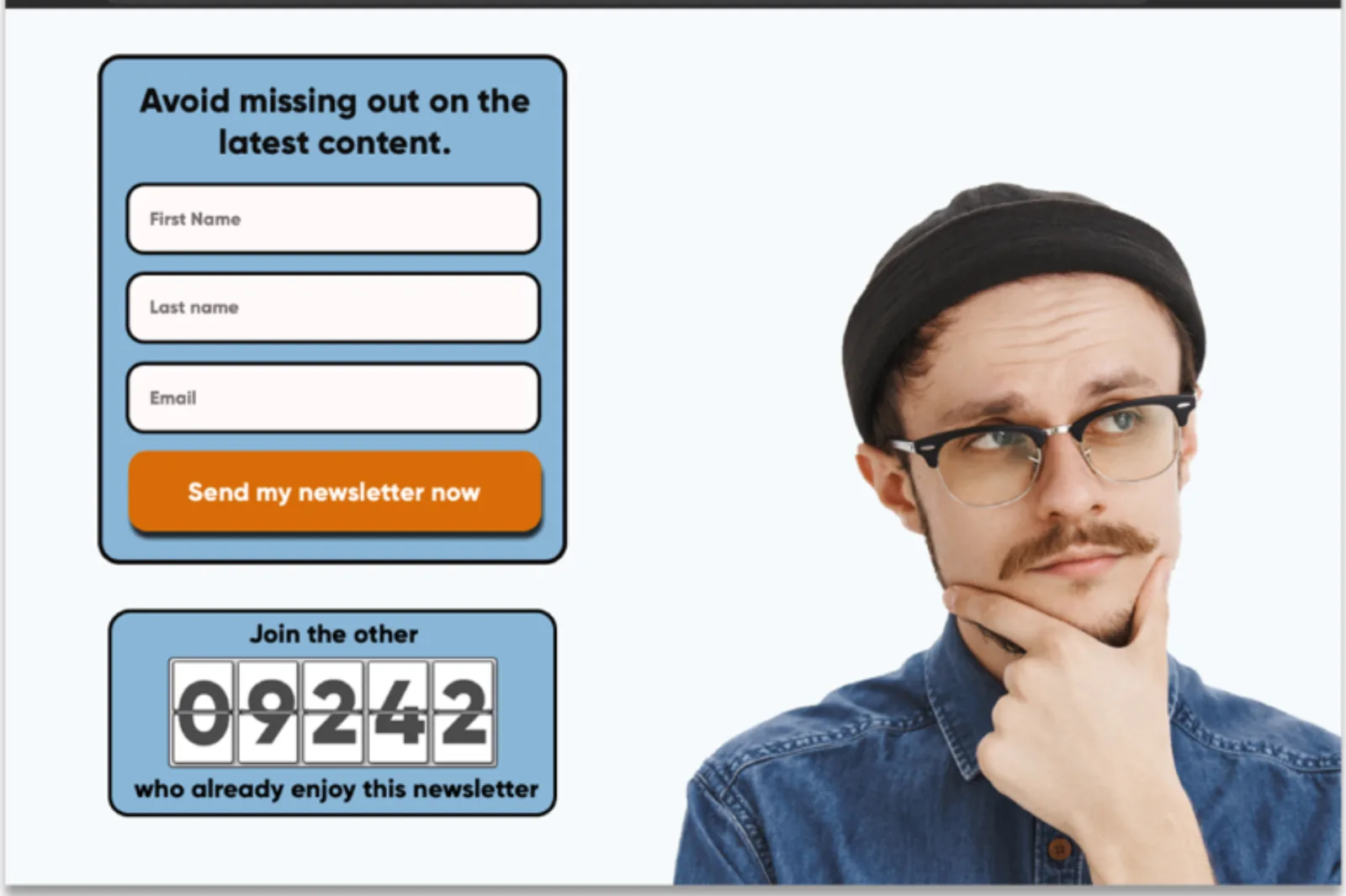 Newsletter signup form beside a stock photo of a man looking away and thinking