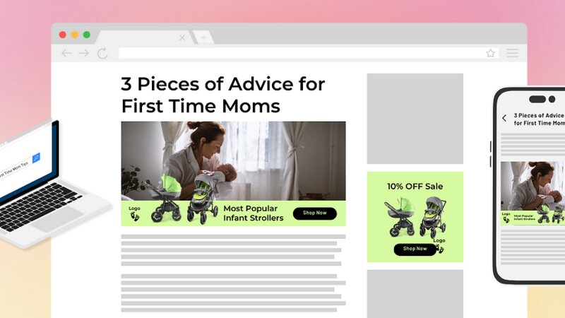 Mockup of a parenting article on laptop and phone with an infant-stroller ad placed beside the matching content