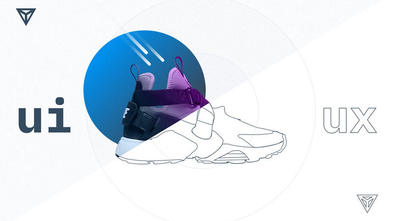 Sneaker split between a color product render and a line drawing, between the words 'ui' and 'ux'