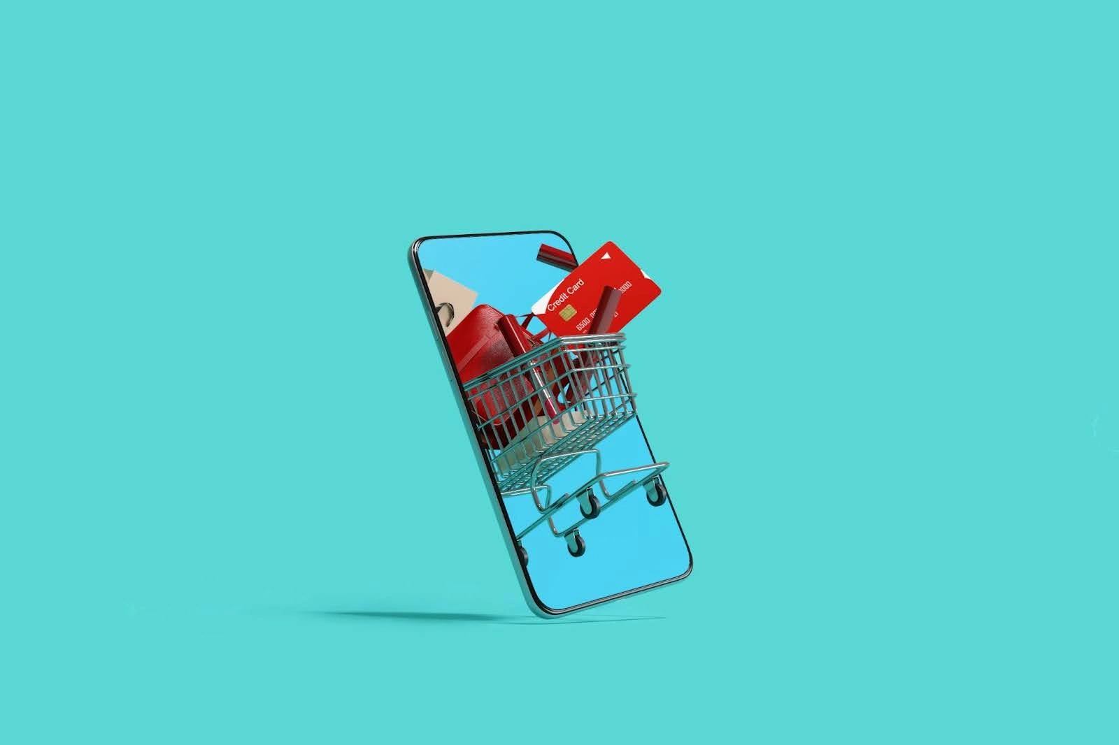 Illustration of a shopping cart with a credit card emerging from a smartphone screen on a teal background