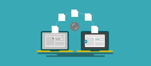Illustration of two laptops exchanging documents to represent moving a website between platforms