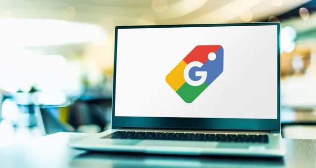 Laptop screen displaying the Google Shopping price-tag logo