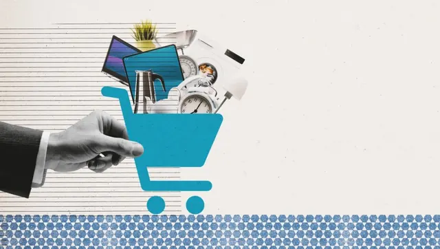Hand pushing a shopping cart full of devices and products against a striped backdrop
