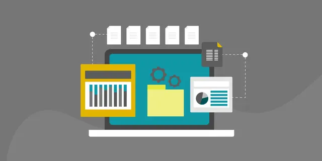 Illustration of a teal laptop surrounded by documents, gears, a folder and a chart, representing website migration planning