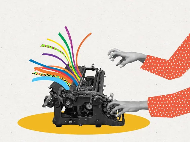 Collage of colorful ribbons bursting from a vintage typewriter operated by two hands in polka-dot sleeves