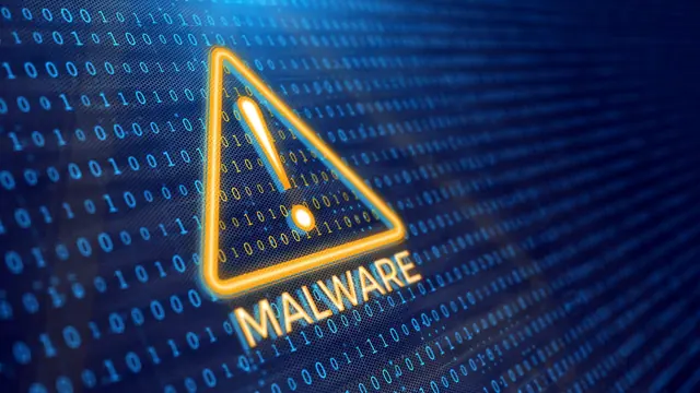 Glowing orange warning triangle with an exclamation mark and the word MALWARE over streams of binary code