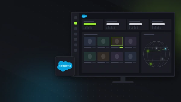 Illustration of a Salesforce Commerce Cloud dashboard on a desktop monitor with stat tiles, a product grid, a globe of connected markets and the Salesforce logo, in Intrepid's dark lime style