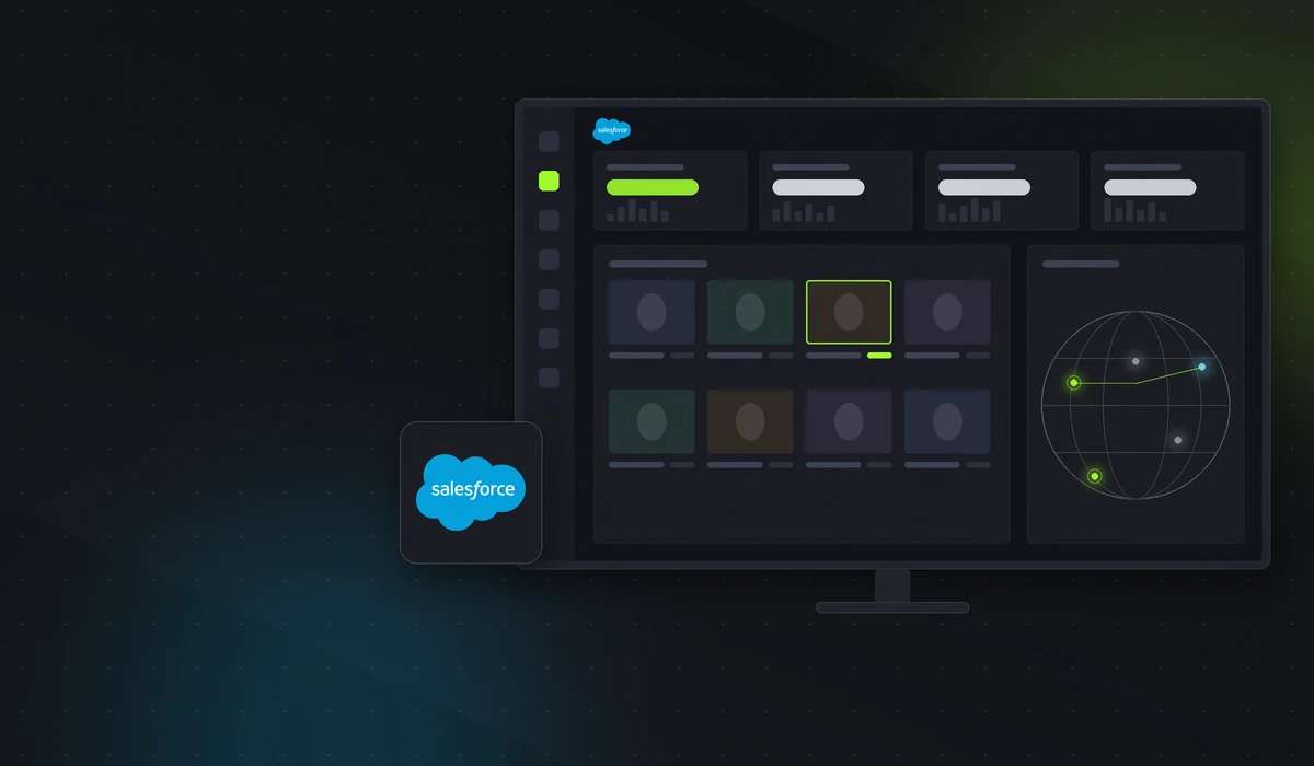 Illustration of a Salesforce Commerce Cloud dashboard on a desktop monitor with stat tiles, a product grid, a globe of connected markets and the Salesforce logo, in Intrepid's dark lime style