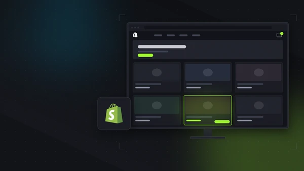 Illustration of a Shopify storefront product grid on a desktop monitor with one product card highlighted in lime and the Shopify logo, in Intrepid's dark lime style