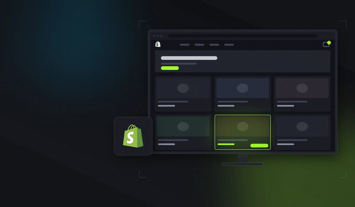 Illustration of a Shopify storefront product grid on a desktop monitor with one product card highlighted in lime and the Shopify logo, in Intrepid's dark lime style