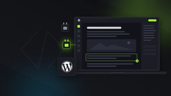 Illustration of a WordPress block editor on a laptop with a highlighted content block, plugin tiles and the WordPress logo, in Intrepid's dark lime style