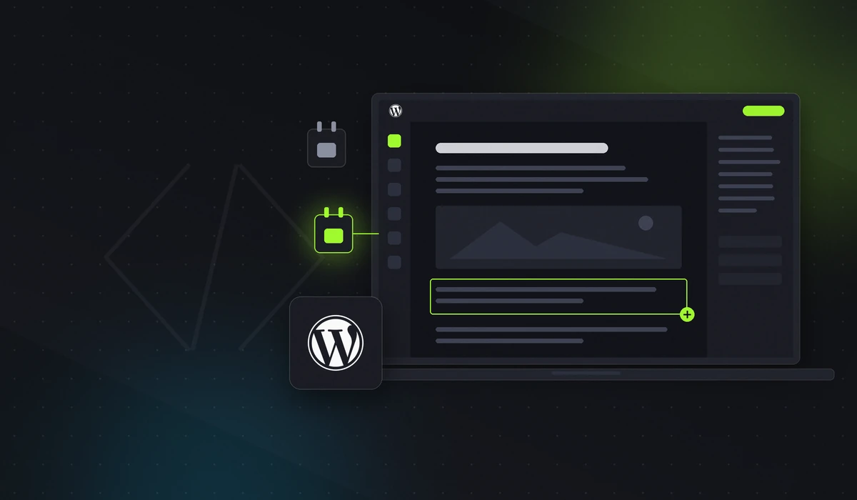 Illustration of a WordPress block editor on a laptop with a highlighted content block, plugin tiles and the WordPress logo, in Intrepid's dark lime style